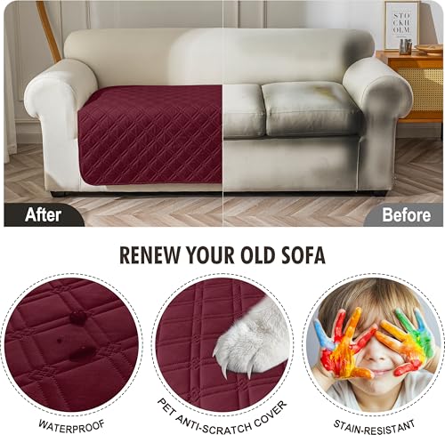 Image of Genina Waterproof Couch Cover,Washable Anti-Slip 78inch Sofa Covers with 3 Cushions,Sectional Couch Covers for Pets Friendly, Sofa Slipcovers for Dogs Cats(78inch /Burgundy)
