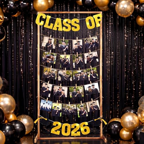 Youyole 2026 Graduation Decorations 59 Inch Wooden Grad Picture Display Frame Decor with Banner and Clips Class of 2026 Standing Picture Frames Graduation Party Supplies for High School College