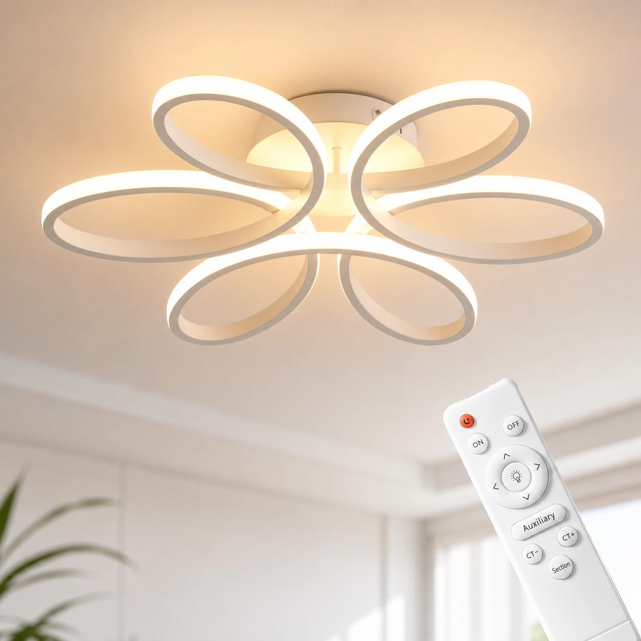 Nipul Beyaz Modern Plafonyer Avize, Kumandalı 3 Renk LED, 53 cm, 35-40 m² Aydınlatma, Dimmer…