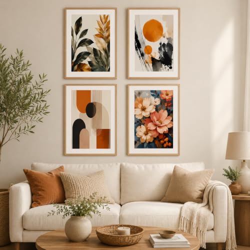 Image of Livin'luxe Set of 4 Botanical Floral & Geometric Abstract Wall Paintings with Sparkle Laminate and Premium Wooden Synthetic Frame for Living Room Bedroom Office Decor (13.5 x 19.5 Inch)