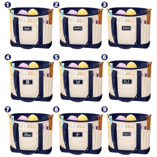 Image of Personalized Crochet Bag with Custom Leather Patch or Embroidered Name, Canvas Knitting Tote for Yarn Storage, Crochet Organizer with Multiple Pockets, Custom Gift for Crocheters & Knitters
