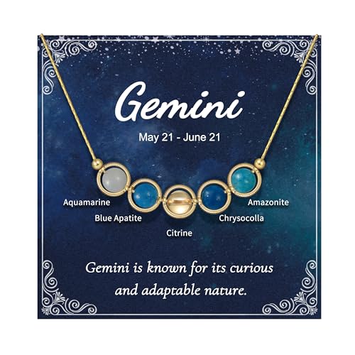 Nymerianoble Gold Gemini Necklace Zodiac Sign Necklaces for Women Daughter Gifts from Mom Crystals and Healing Stones Necklace Beaded Choker Necklace Aquamarine Citrine Necklace for Women Girls