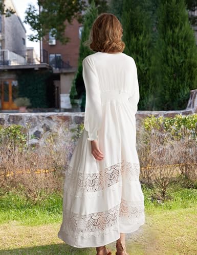 Image of Olaesa Long Sleeve Boho Maxi Dress for Women Lace Wedding Guest Dress | Spring Fall Bohemian Dress, Long Flowy Family Photo Dress with Pockets, V Neck Long Western Vacation Outfits