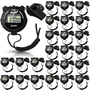 Simgoing 48 Pcs Digital Stopwatch Timer Plastic Whistle Bulk for Sports Coaches Referee Waterproof Watch Timer Whistle with Lanyard Multi Function Electronic Fitness Date Alarm (Black)