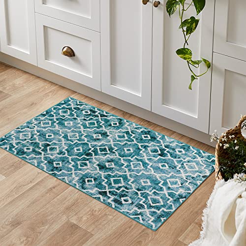 Wonnitar Moroccan Washable Area Rug - Small 2X3 Teal Distressed Entryway Rug Doormat Modern Geometric Non-Slip Throw Rug Faux Wool Floor Carpet For Bathroom Laundry Living Room Indoor Office #TOP3