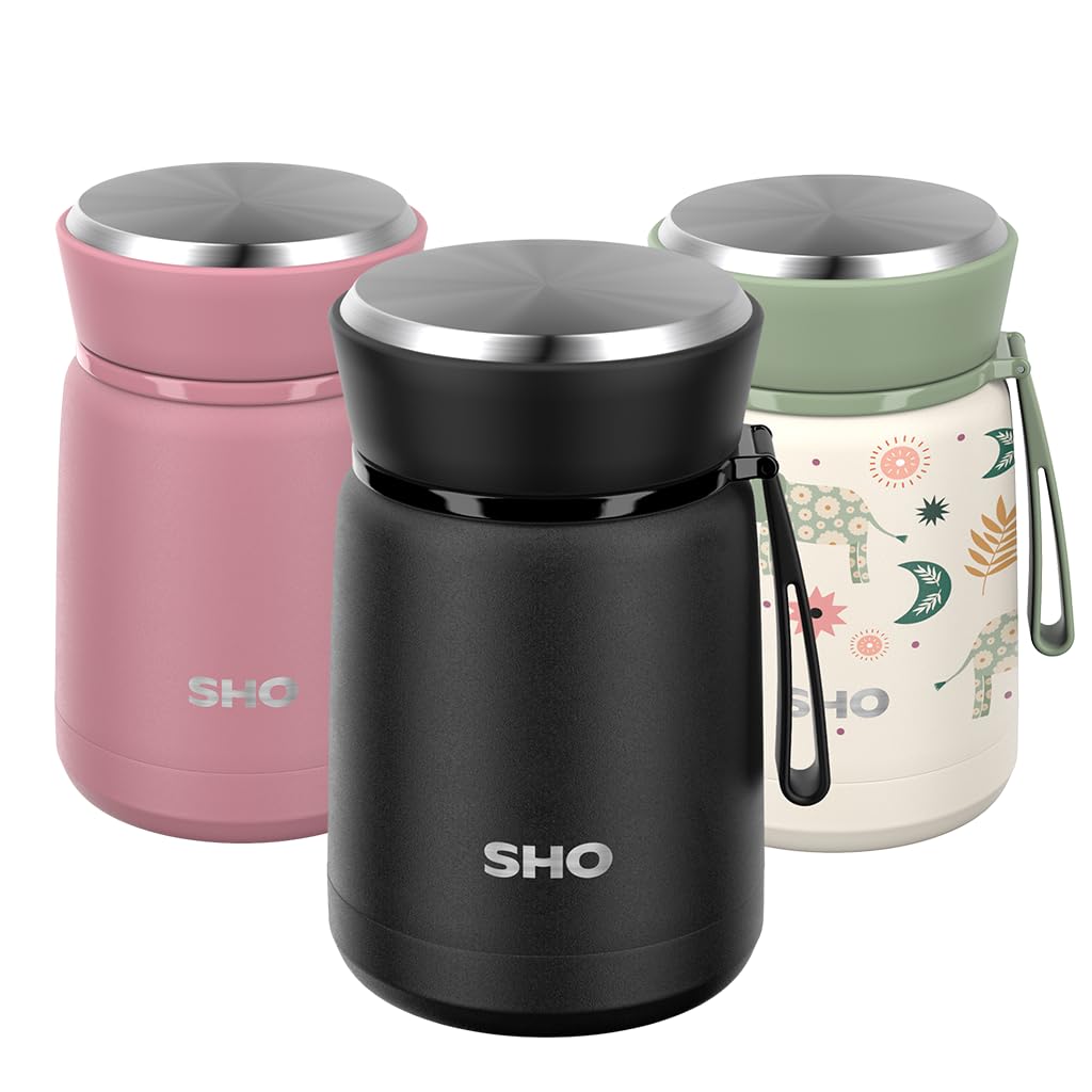 SHO Food Flask - Vacuum Insulated, Double Walled Stainless Steel Food Flask & Food Container - 10 Hours Hot & 20 Hours Cold - 530ml 800ml - BPA Free (Jet Black, 530ml) โ image 1