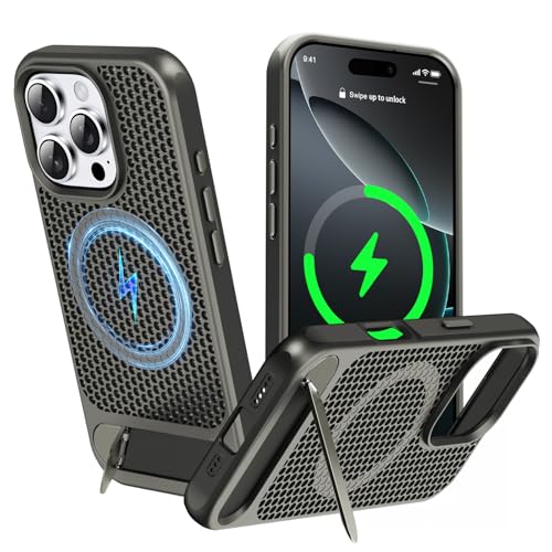 ZHOGTNEG for Magnetic Heat Dissipatio case for iPhone 16 Pro, for MagSafe, Cooling Drop Protection, Adjustable Kickstand case, Ice Armour Cool Matte Material - Grey