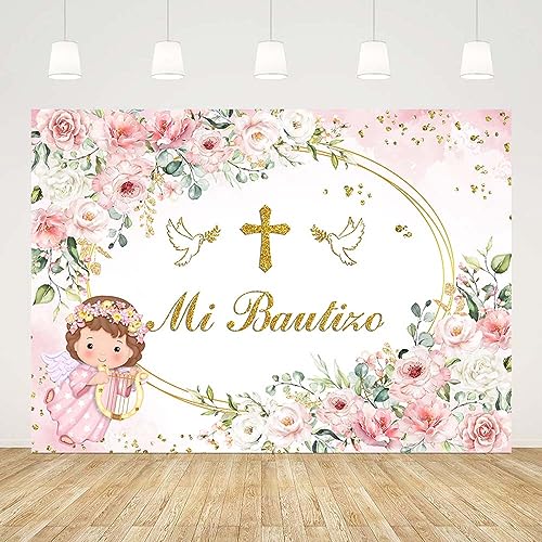 Toile de fond Mi Bautizo rose 2,4x1,8m pour baptême et communion fille