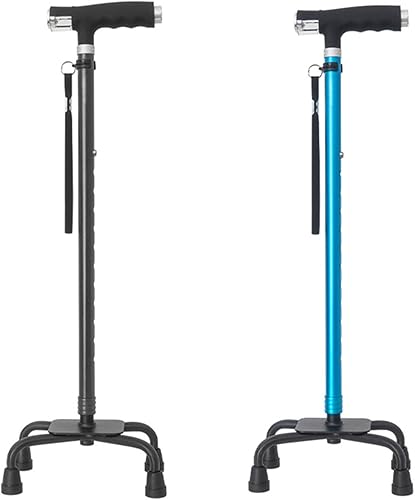 BeneCane Bastón cuádruple con dos luces LED con base grande y mango en T ligero y ajustable, cuatro puntas, resistente para hombres y mujeres (negro