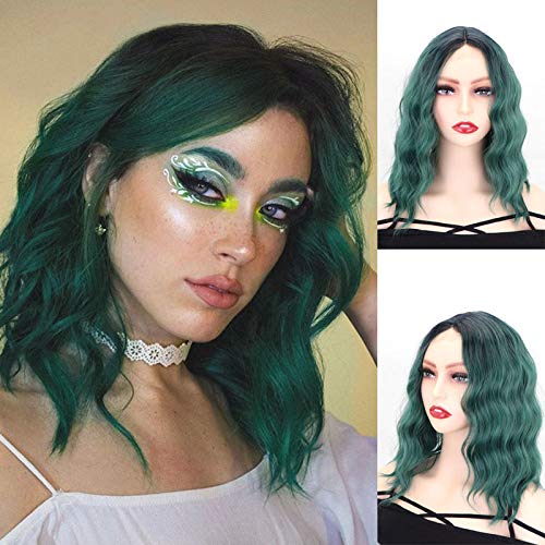 KIMI HAIR Short Wavy Ombre Color Green Bob Lace Wigs for Women Synthetic Hairline Lace Curly Hair (Green)