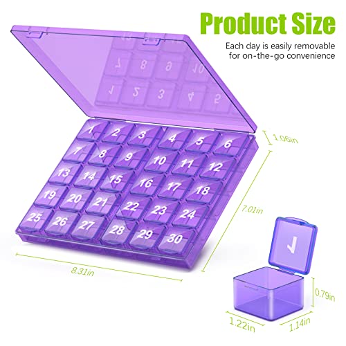 Image of Monthly Pill Organizer Once a Day - 30 Day Pill Organizer Box - Easy to Open - Large Compartments Portable Case for Travel, Month Pill Cases Medicine Organizer for Vitamin (Purple)