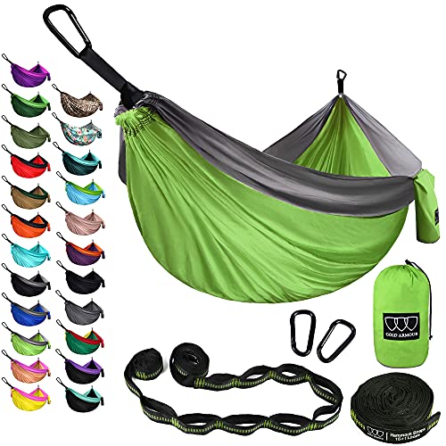 Gold Armour Camping Hammock - Extra Large Double Parachute Hammock USA Based Brand Lightweight Nylon Adults Teens Kids, Camping Accessories Gear (Lime Green and Gray)