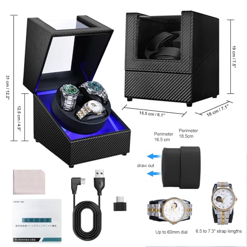 Image of J&T Technology Watch Winder for Automatic Watches,Automatic Watch Winder with LED Light,Rotating Watch Case with Japanese Quiet Motor,4 Rotation Modes,USB Type C