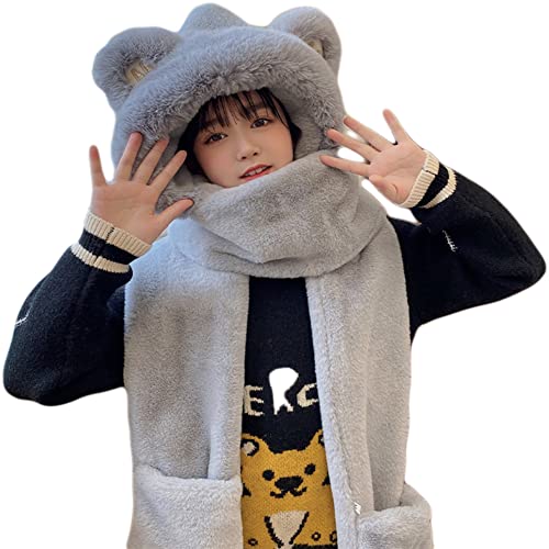 Faux Fur Furry Hooded Scarf With Pockets Hat Gloves Set Cute Bear
