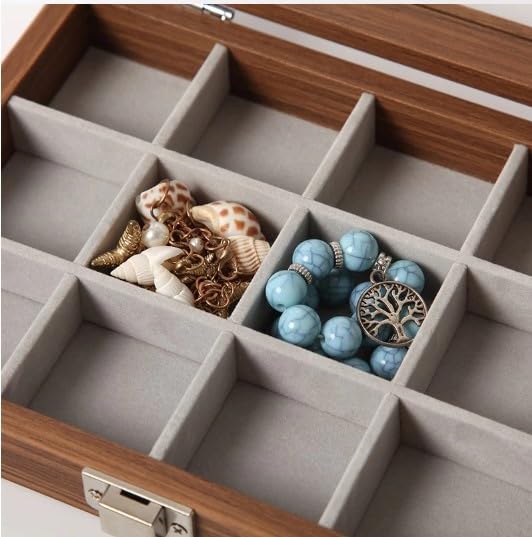 Image of KRISHYAM Wooden Jewelry Box Jewellery Case with Glass Lid, 24 Grid Jewelry Organizer with Lock for Rings, Earrings