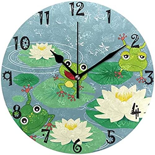 Wall Clock Art Frog Lotus Circular Wall Clock Round Plate Silent Non Ticking Clock for Kitchen Bedroom Home Office School Kid Boys Girls Clocks Decor