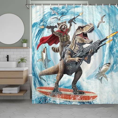 Image of Funny Raccoon Riding Dinosaur Shower Curtain, Cool Animal Surfing Ocean Wave Bathroom Decor Shower Curtain Set with Hooks, Waterproof Fabric Nautical Bath Curtain for Kids, 72X78 Inches