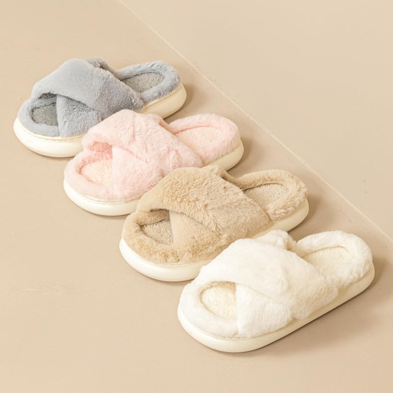Fuzzy Cross Band Plush Open Toe House Slippers for Women Indoor Soft Warm Slip-On Bedroom Shoes4