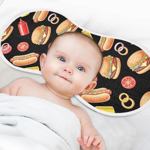 J JOYSAY Hamburger Hot Dog Black Baby Burp Cloths for Boys Girls Large 22''x11'' Cotton 4 Layer Burp Clothes Set for Babies Newborn one sizex44