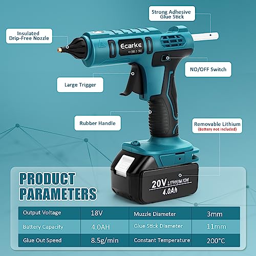 ecarke pistolet à colle sans fil pour batterie au lithium ma kita 18 v pistolet à colle chaude sans fil idéal pour les réparations artisanales (avec 20 bâtons de colle de 11 mm)