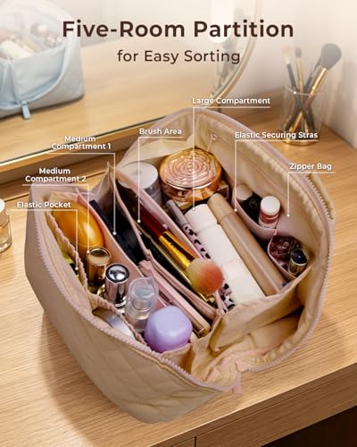 Image of Batfield Makeup Pouch Bag for Women, 2Pcs Waterproof Puffer Set with 180 Flat Open, Travel Large Capacity Makeup Bag for Women with Brush Compartment & Handle for Vacation, Business Trip (Khaki)