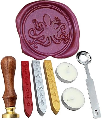 FQL Octopus Vintage Rosewood Wax Seal Stamp Gift Set with Gold Red Silver Sticks