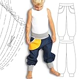 Niedliches Papierschnittmuster von leni pepunkt für eine Kinderhose mit Kurzanleitung und 5 Webetiketten ist im Großformat gedruckt und kann direkt ausgeschnitten werden