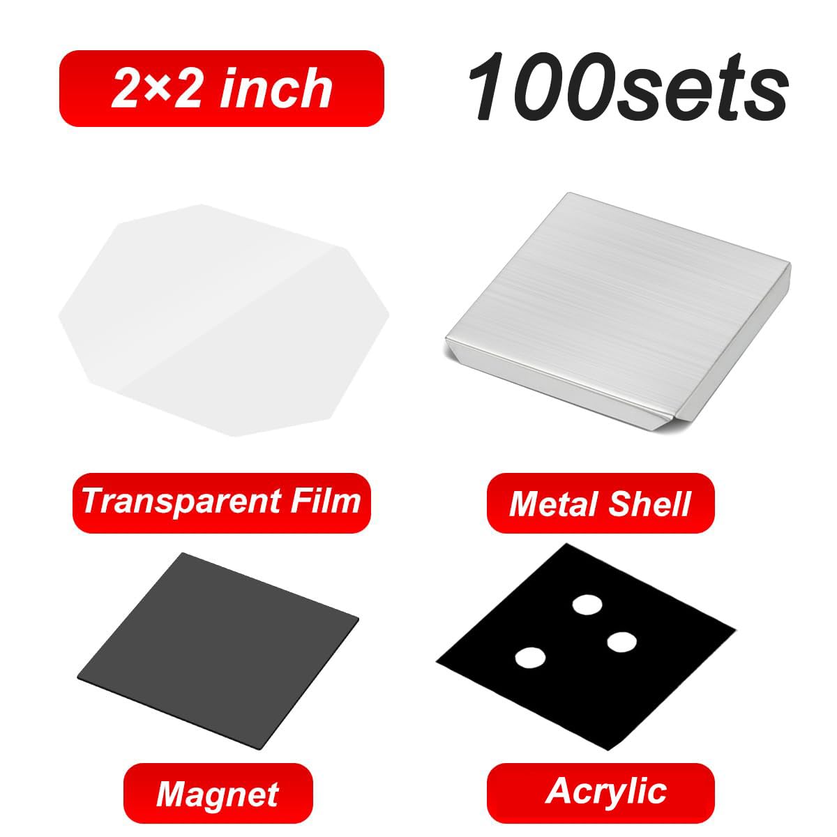 Set di Materiali Magnetici Quadrati con Ricarica per Macchina Badge, Kit per Magneti Fotografici E Accessori per Calamite da Frigo Personalizzate Acrylic/2x2in-100set