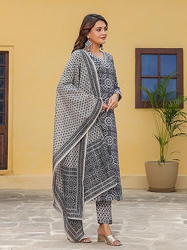 Image of GoSriKi Women's Cotton Blend Straight Printed Kurta with Pant & Dupatta