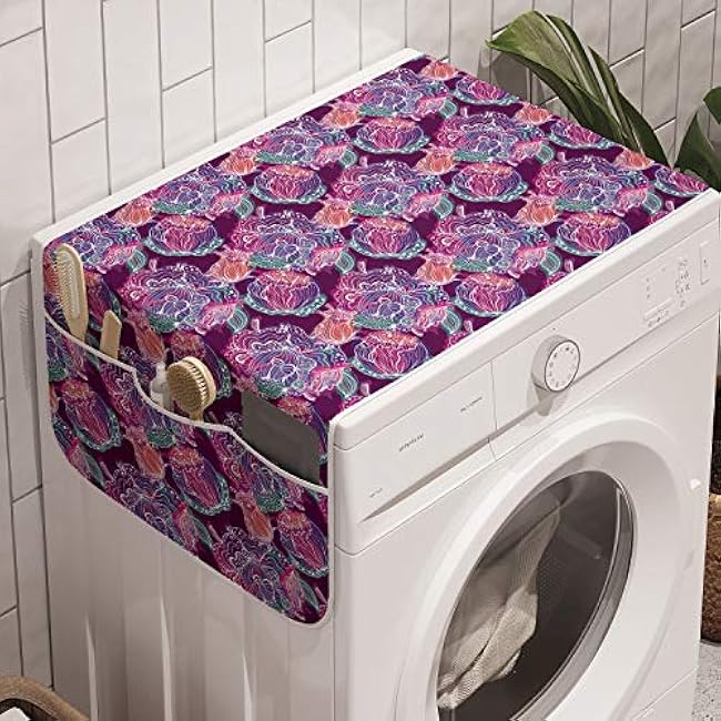 Ambesonne Grapes Washing Machine Organizer, Sketchy Fruit Drawn by Hand on a Background of Squares, Anti-slip Fabric Cover for Washers and Dryers, 47 x 18.5, Pink Grey
