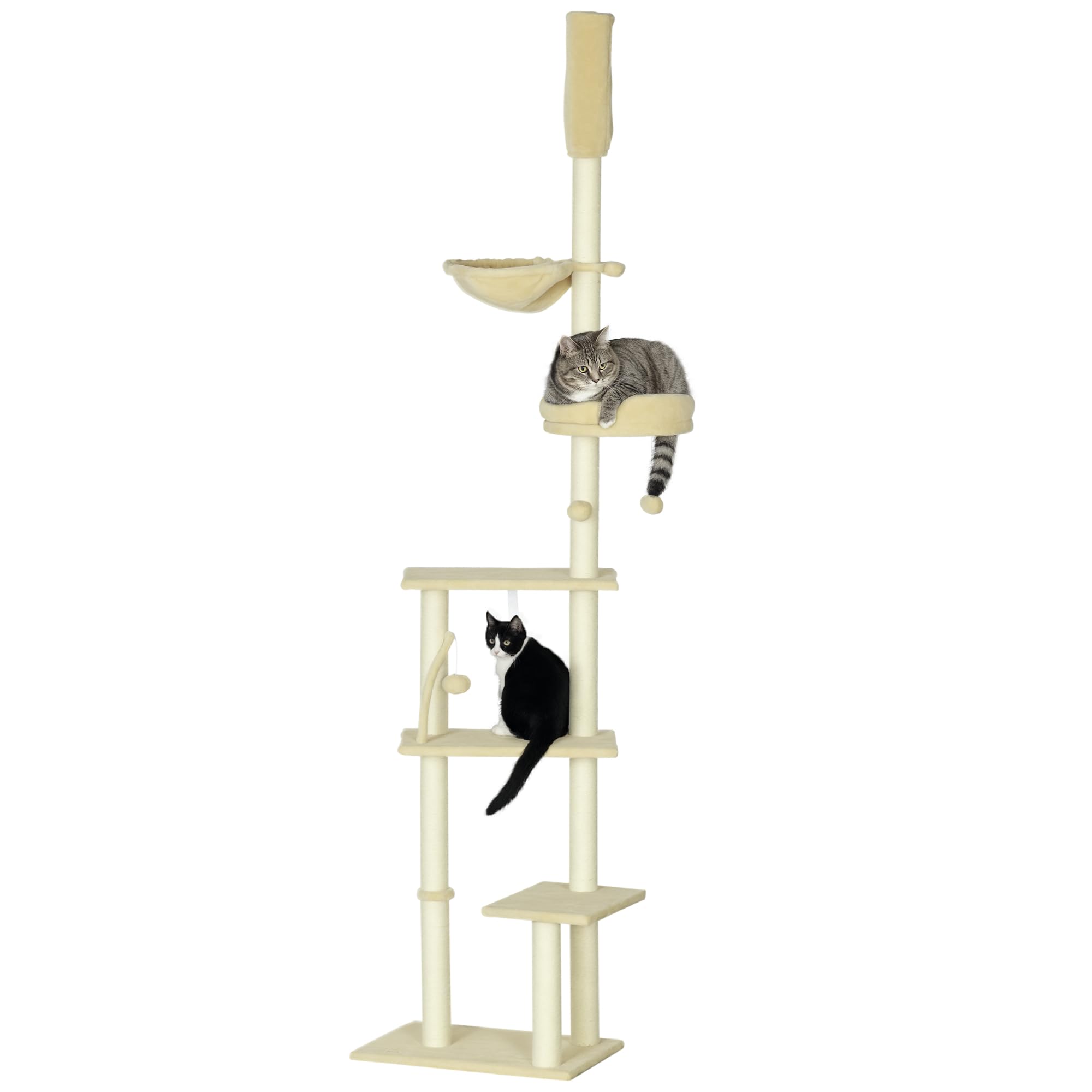 PawHut Árbol para Gatos de Suelo a Techo Altura Ajustable 230-250 cm Beige | Árbol Rascador para Gatos, Múltiples Plataformas, Cestos, Hamaca, Bolas Colgantes