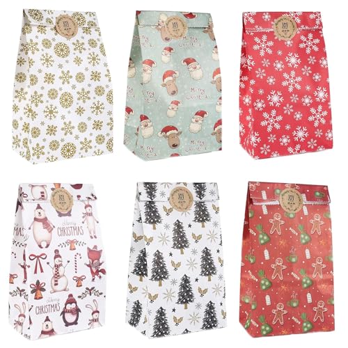 24pcs Christmas Paper Gift Bags Multipack 6 Xmas Designs Small Gifts Wrapping Bags with Sealing Stickers Christmas Party Favour Sweets Treats Present Bag Stocking Filler & Advent Gift Pouches