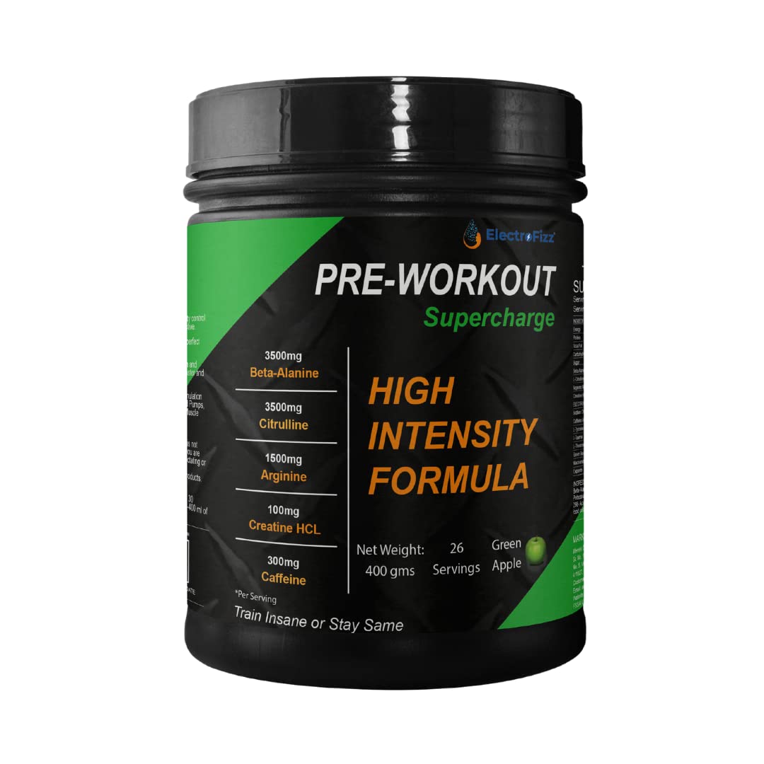 Pre-Workout SuperCharge Powder for Energy, Power & Laser Focus, 3500 mg Beta-Alanine, 3500 mg Citrulline, 1000 mg Creatine, 300 mg Caffeine (Green Apple)- 400gms