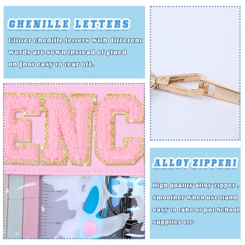 Image of Dansydaisy 4 Pcs Preppy Pencil Case Clear PVC Pouch Chenille Letter Patch Big Capacity Pencil Bag Aesthetic Storage Bag with Zipper for School Women Girl Office Travel Supplies