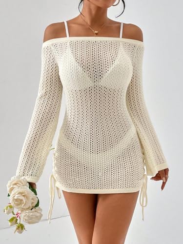 SISKIN Women's Bathing Suit Beach Cover Up Crochet Knit Tops Mesh Hollow Out Dress Drawstring Without Sexy Bikini4