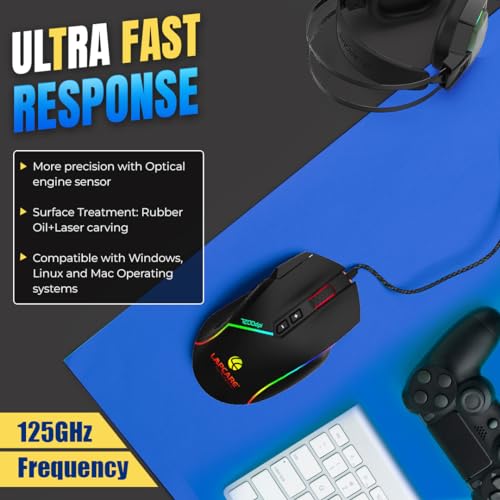 Image of LAPCARE Champ LGM-108 Gaming Mouse, 8 Buttons, 6 Customizable DPI Levels Upto 7200 DPI, 7 Circular & Breathing LED Light, Wired Mouse (Black)