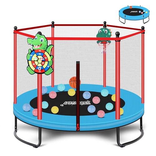 Last Jumper Blue Trampoline for Kids, 5ft Mini Indoor & Outdoor Small Toddler Trampolines with Basketball Hoop, Dart Board, Ball pitl,Baby Trampoline Toys, Birthday Gifts for Kids,Red