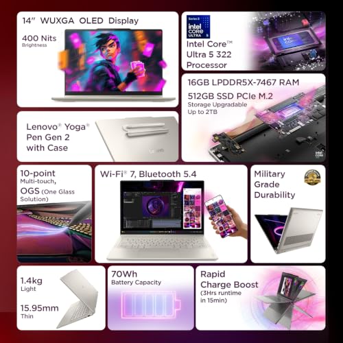 Image of Lenovo Yoga 7 2-in-1 Aura Edition Intel Evo Core Ultra 5 322 (16GB RAM /512GB SSD /14 (35.5cm) /WUXGA OLED /Yoga Pen Gen 2 /Copilot+ PC /Windows 11 /MSO 365 Basic+Office24 /Seashell /1.4Kg), 83TC005MIN