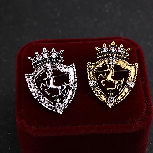 Image of FUTIMELY Vintage Shield Horse Crown Pin Brooch Gold Silver Plated Crystal Collar Blazer Lapel Pins Brooches Fashion Personalized Party Jewelry For Men Women