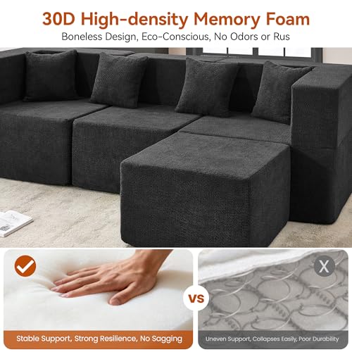 Image of MONVANE 103'' Modular Sectional Sofa, Comfy Teddy Velvet Cloud Couch with Ottoman, Modern Convertible L Shaped Couch with Deep Seat, Sectional Couches for Living Room, Bedroom and Apartment, Black