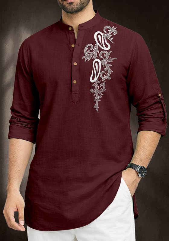Image of Cotton Blend Self Design Printed Casual Short Kurta for Men Long Sleeve Mandarin Collar Stylish Kurta Shirt for Men