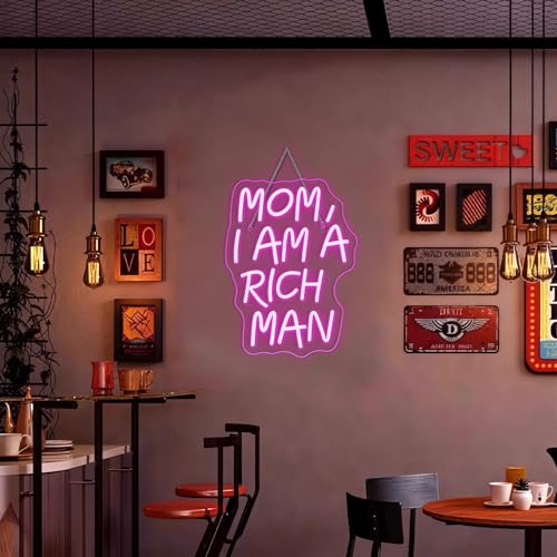 Image of Lucunstar Mom I Am A Rich Man Neon Sign Pink Neon Signs for Wall Decor Pink LED Light for Bedroom Decor USB Connectivity Led Neon Signs for Home Boys Room Man Cave Gifts for Teens