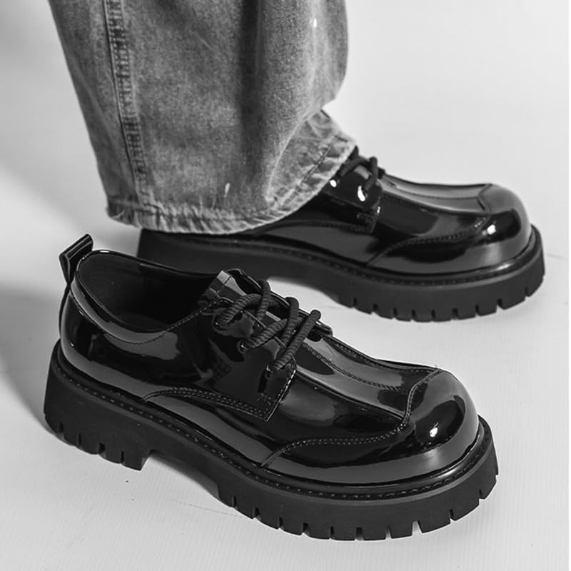 Image of Men's Patent Leather Platform Dress Shoes Classic Round Toe Thick Lug Sole Lace Up Oxfords Comfort Block Heel Derby Business Casual Shoes
