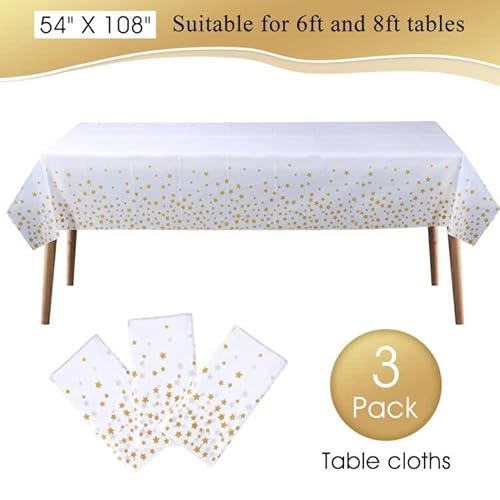 Lcpcx 3-Piece Disposable Plastic Rectangle Tablecloth,Fitted Table Clothes For 6 Foot And 8 Foot Tables,Gold Star Pattern Party Decorations,54X108 Inch,White (Golden Star) #TOP2