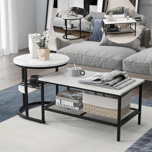 GOPLUS Lot de 2 Tables Basses Gigognes, Rectangulaire Amovible et Table Ronde, Plateau Imitation Marbre Blanc, Table d'Appoint Empilable Moderne pour Salon...