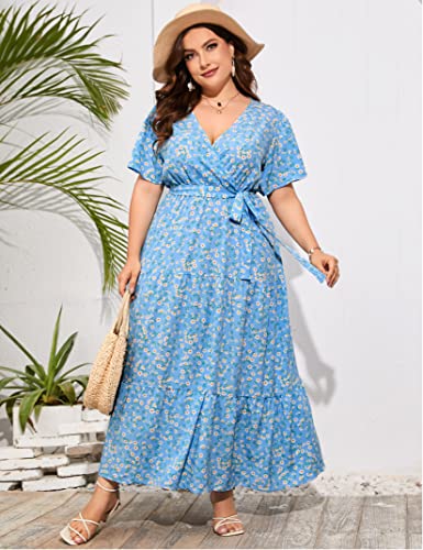 Image of ShopWonder Womens Plus Size V Neck Wrap Maxi Dress High Waist Ruffle Summer Casual Dress with Belt