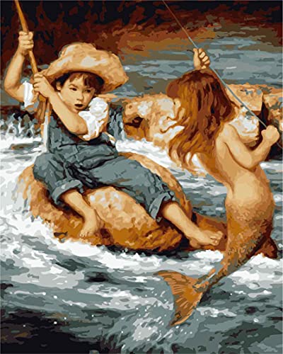 CaptainCrafts New DIY Paint by Numbers 16x20 for Adults Beginner Kit, Kids Linen Canvas - Mermaid Love (Frameless)