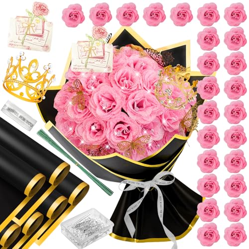 28 Pink Glitter Roses Bouquet 2026 Graduation DIY Fake Flowers Bouquet for Her Artificial Flower Bouquet Kit with Diomand Pins Red Roses for Anniversary Weddings