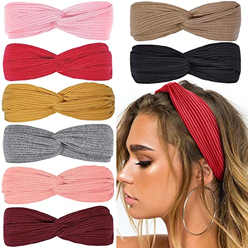Huachi Headbands For Women Twist Knotted Boho Stretchy Hair Bands For Girls Criss Cross Turban Plain Headwrap Yoga Workout Vintage Hair Accessories, Solid Color, 8Pcs #TOP23