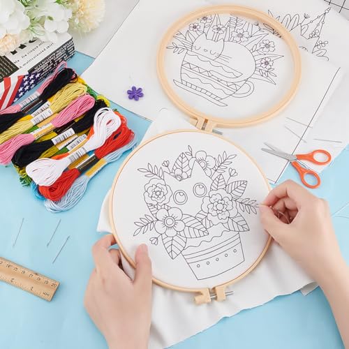 Image of INFUNLY 4 Pack Embroidery Starter Kit Black Cat Cross Stitch Kit with Instructions DIY Beginner Plant Embroidery Set with Plastic Embroidery Hoops,Threads and Needles for Beginners Adults DIY Craft